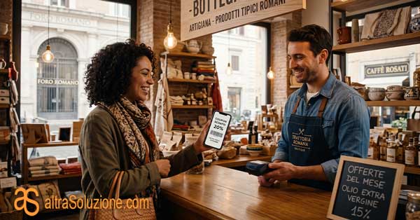 Cliente che mostra un coupon digitale al bancone del negozio