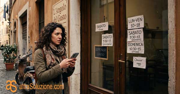 Cliente perplesso davanti a un negozio chiuso con orari errati