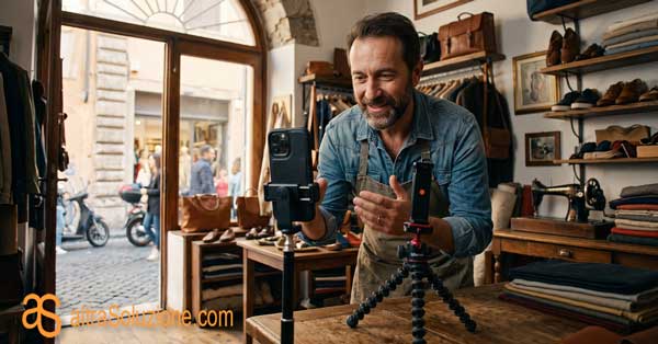 Negoziante che crea un video social all'interno della boutique