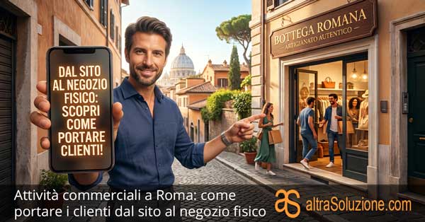 Un commerciante romano sorridente tiene uno smartphone che mostra testo italiano su come portare clienti dal sito al negozio fisico a Roma