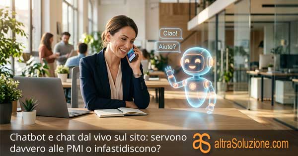 Donna in ufficio incuriosita da un piccolo robot olografico di chat sul suo smartphone