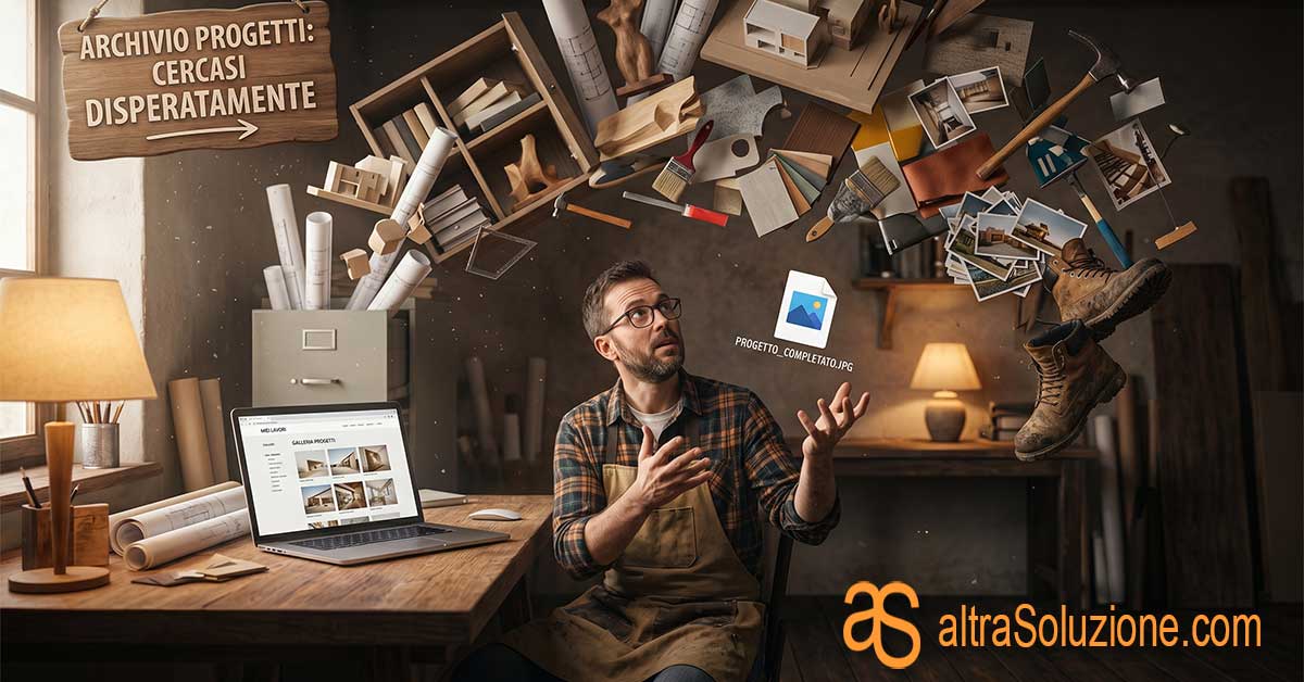 Un uomo travolto da un archivio disorganizzato fisico e digitale di progetti web