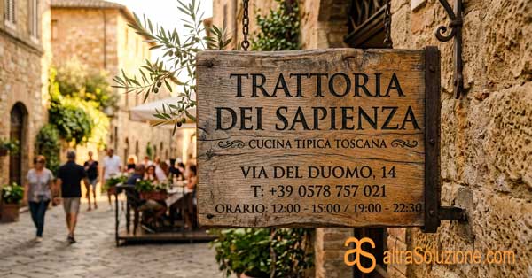 Insegna in legno con dati aziendali di nome indirizzo e telefono