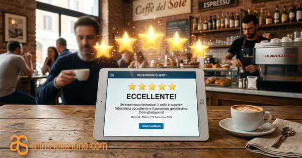 Valutazione a cinque stelle dorate con recensioni clienti positive