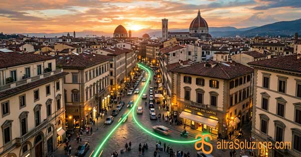Vista dall'alto di una città con percorsi di navigazione luminosi verso un negozio