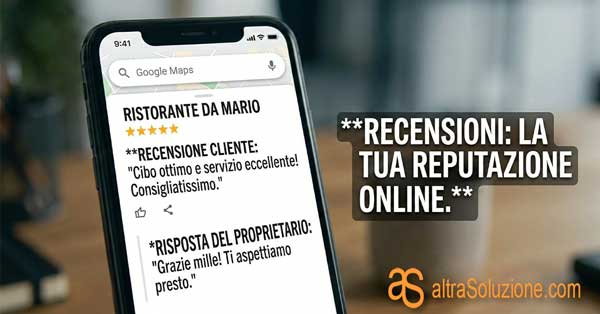 Uno smartphone che mostra l'interfaccia di una recensione a 5 stelle su Google Maps.