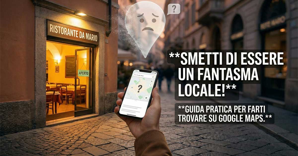 Guida SEO locale: passante confuso di fronte a ristorante con puntatore Google Maps spettrale dissolvente, simboleggiando invisibilità aziendale.