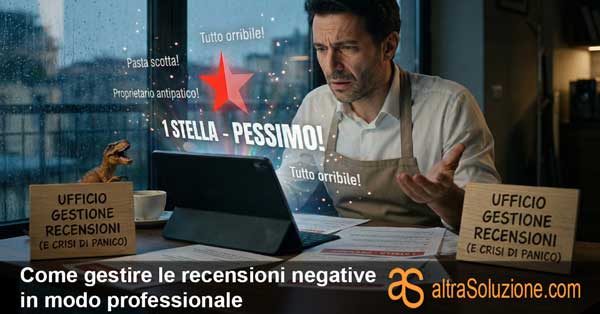 Un imprenditore stressato seduto a una scrivania di notte guarda un tablet che proietta una recensione negativa da 1 stella