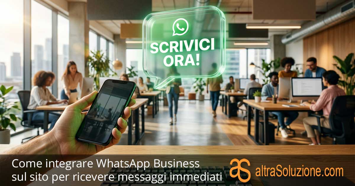 Ufficio moderno luminoso con icona 3D fluttuante di WhatsApp SCRIVICI ORA e mano con smartphone