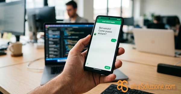 Smartphone con chat di supporto clienti aperta in un ufficio