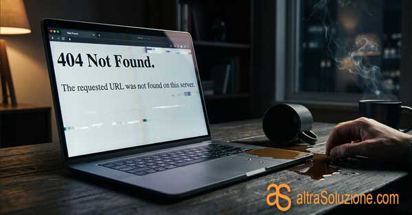 Computer con errore del sito web e caffè versato.