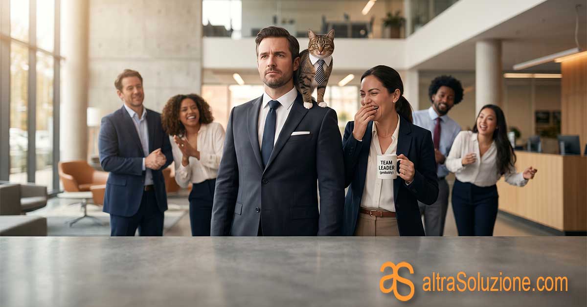 Team aziendale ironico e professionale in ufficio per la pagina dello staff