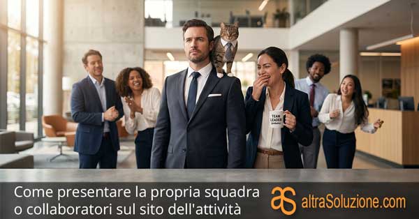 Team aziendale ironico e professionale in ufficio per la pagina dello staff