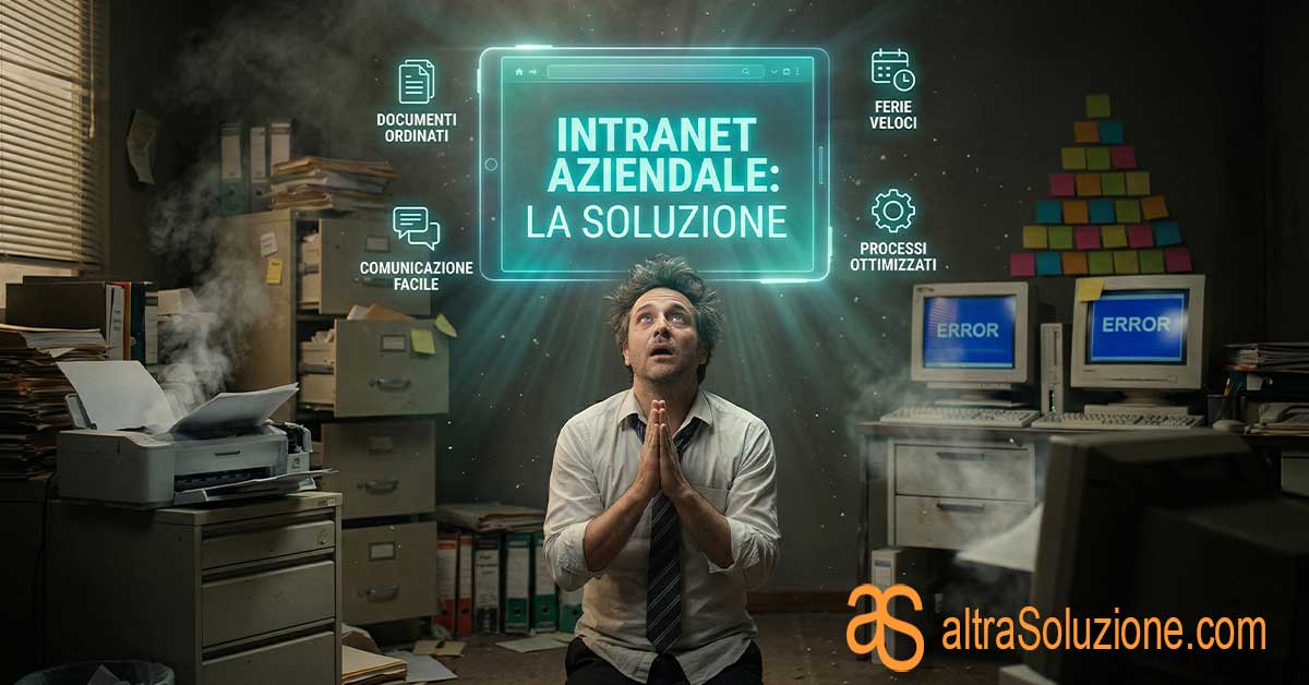 Dipendente che adora una intranet olistica e ordinata in un ufficio caotico
