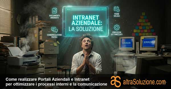 Dipendente che adora una intranet olistica e ordinata in un ufficio caotico