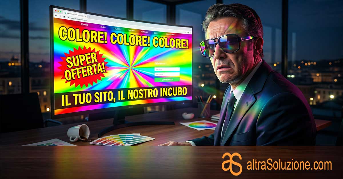 Uomo d'affari con occhiali da sole davanti a un sito web dai colori accecanti