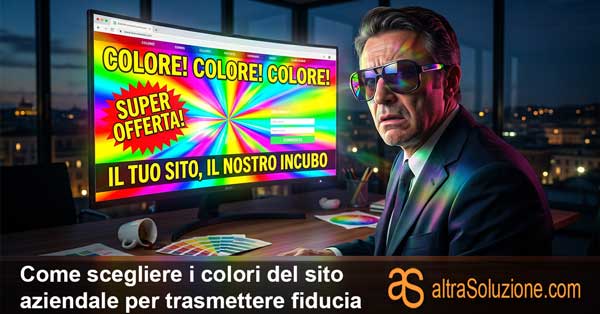 Uomo d'affari con occhiali da sole davanti a un sito web dai colori accecanti