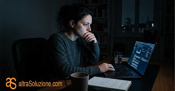 Persona preoccupata davanti al computer di notte