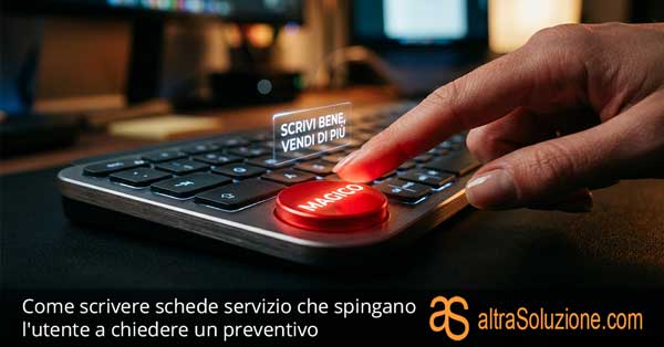 Dito che preme pulsante rosso con testo SCRIVI BENE VENDI DI PIÙ per copywriting aziendale.