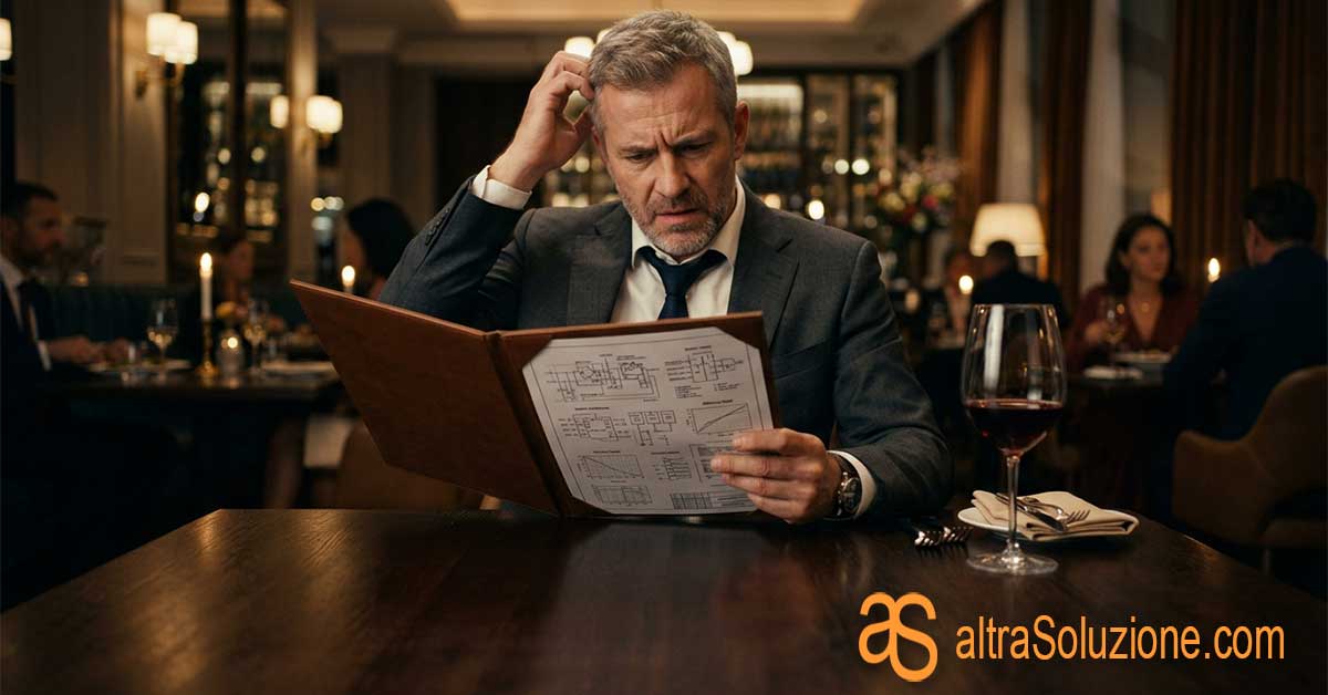 Imprenditore confuso che legge un menu complesso al ristorante