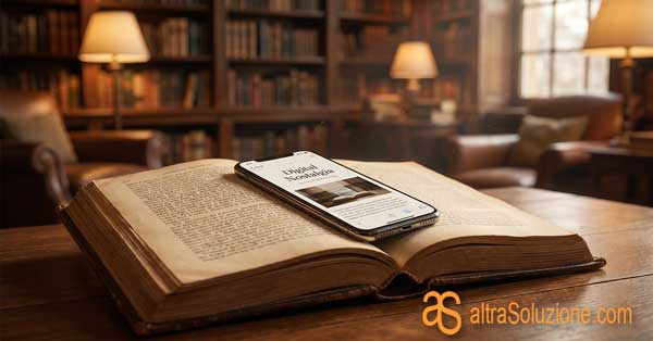 Smartphone con articolo di blog appoggiato su un libro antico