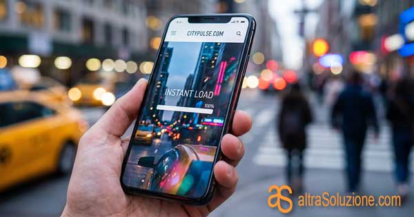 Dettaglio di uno smartphone veloce che carica una pagina web in città