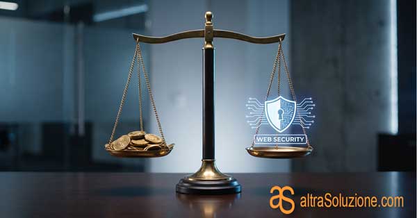 Bilancia perfettamente equilibrata tra monete e una struttura sito sicura