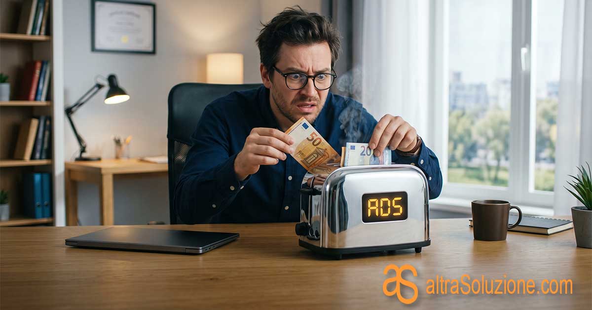 Imprenditore ironico che infila banconote in un tostapane con la scritta ADS