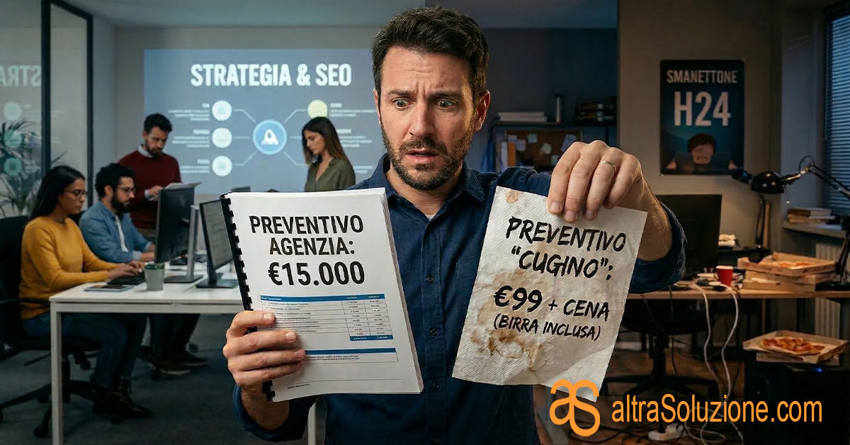Imprenditore confuso confronta due preventivi per un sito web
