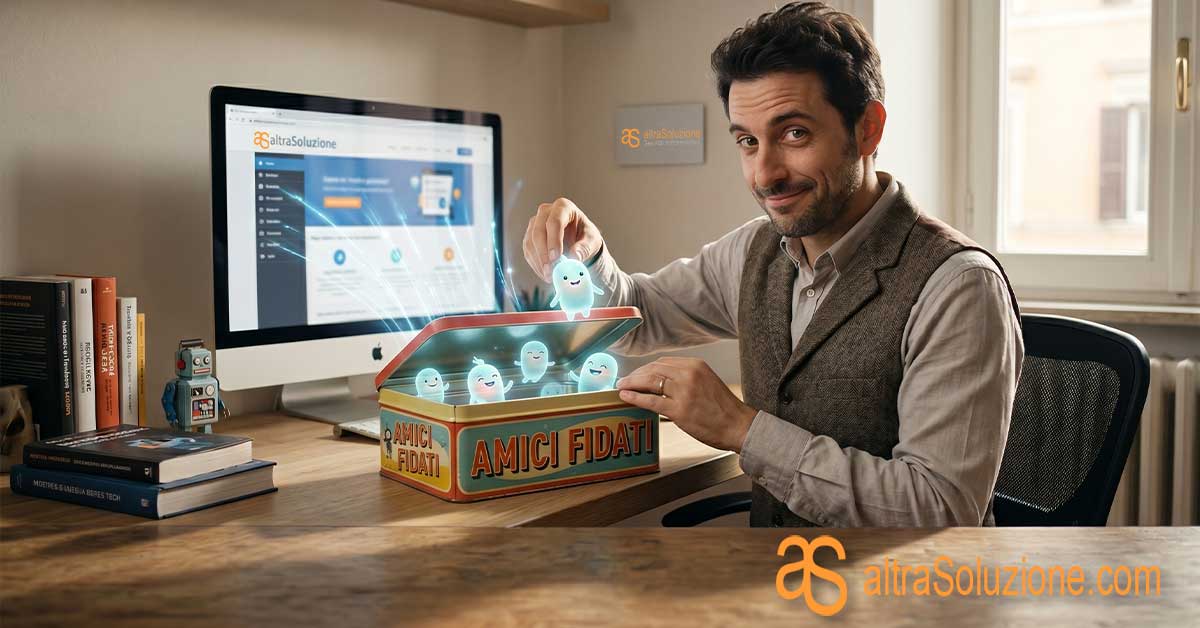 Uomo sorridente che apre una scatola magica con la scritta Amici Fidati davanti a un computer, rappresentando la creazione di una community tramite newsletter e email marketing.