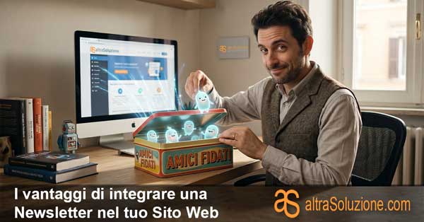 Uomo sorridente che apre una scatola magica con la scritta Amici Fidati davanti a un computer, rappresentando la creazione di una community tramite newsletter e email marketing.