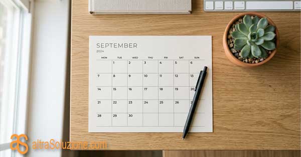 Calendario stampato su scrivania luminosa