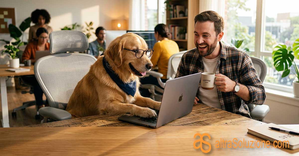 Cane che scrive su un laptop in ufficio per far capire la reale utilità del blog aziendale ma in modo ironico.