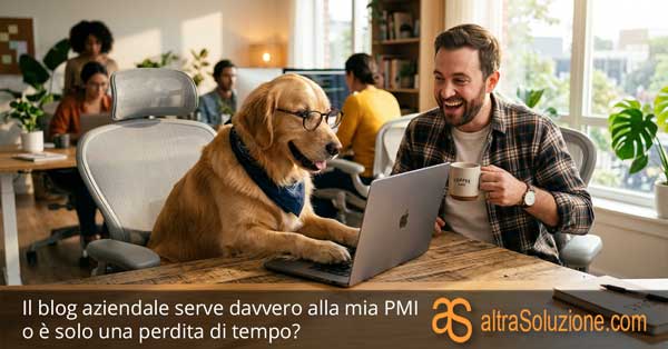 Cane che scrive su un laptop in ufficio per far capire la reale utilità del blog aziendale ma in modo ironico.