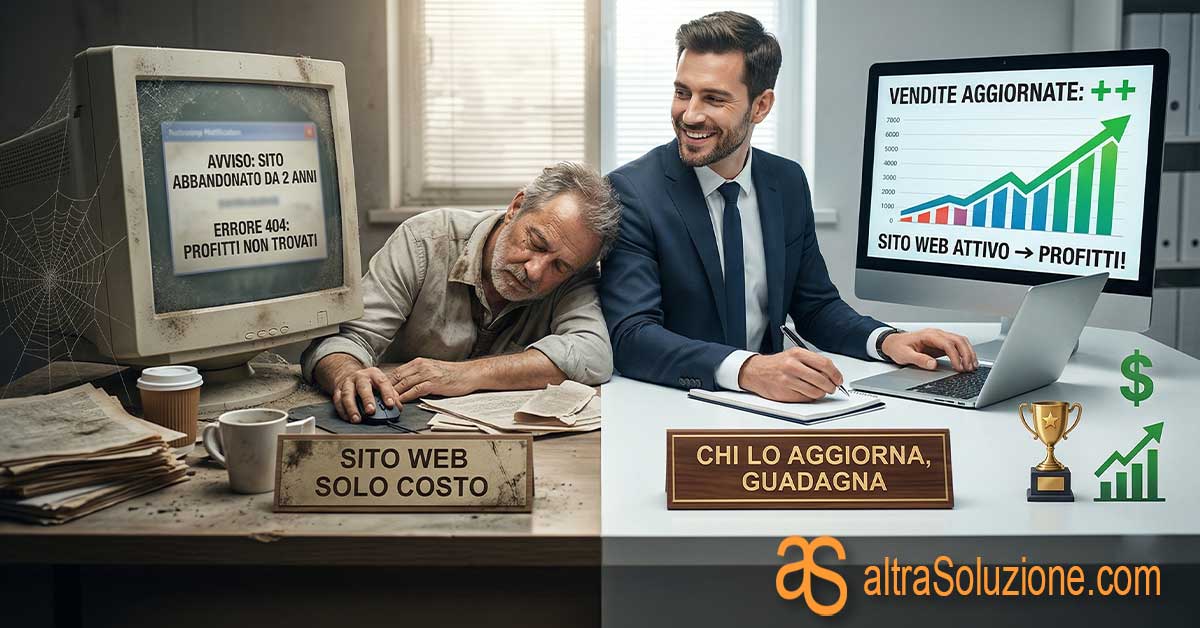 Contrasto tra due uffici/scrivanie, una moderna e pulita con un cartello spiritoso 'CHI LO AGGIORNA, GUADAGNA', l'altra polverosa e trasandata con un cartello spiritoso 'SITO WEB SOLO COSTO'