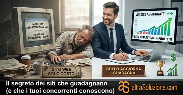 Contrasto tra due uffici/scrivanie, una moderna e pulita con un cartello spiritoso 'CHI LO AGGIORNA, GUADAGNA', l'altra polverosa e trasandata con un cartello spiritoso 'SITO WEB SOLO COSTO'