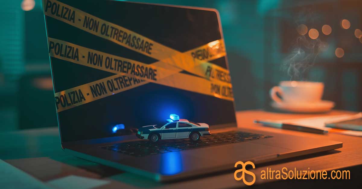 Computer portatile con nastro scena del crimine per errori legali sito web