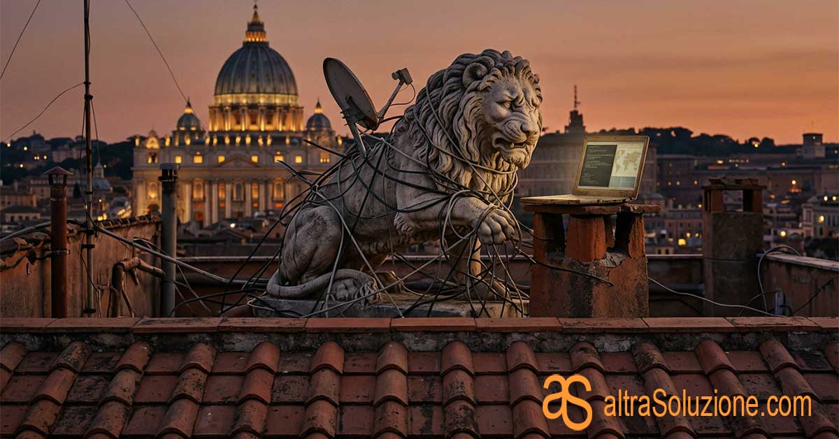Statua di leone romano confusa e aggrovigliata nei cavi internet su un tetto di Roma, metafora di un sito web aziendale obsoleto.