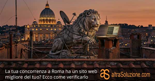 Statua di leone romano confusa e aggrovigliata nei cavi internet su un tetto di Roma, metafora di un sito web aziendale obsoleto.