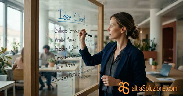 Strategist che analizza le idee dei clienti su lavagna