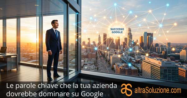Un imprenditore ammira la rete del successo su Google in una città all'alba