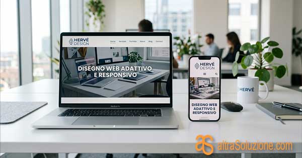 Sito Web visualizzato su laptop e smartphone con logo aziendale responsive