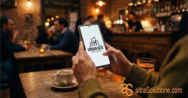 Smartphone tenuto in mano che mostra un logo aziendale nitido e leggibile