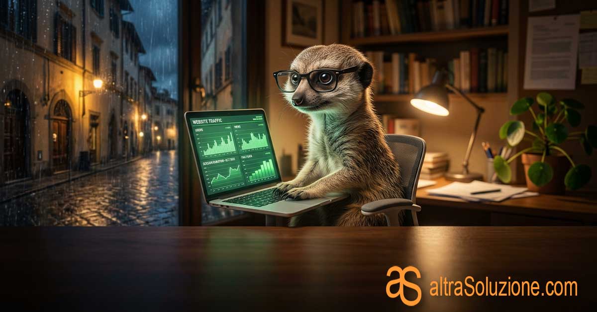 Un simpatico suricato con gli occhiali che analizza le statistiche web su un laptop di notte