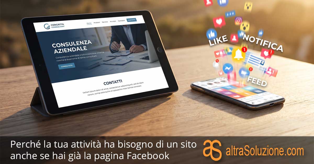 Confronto realistico tra un sito web stabile su un tablet e un feed social caotico ed effimero su uno smartphone