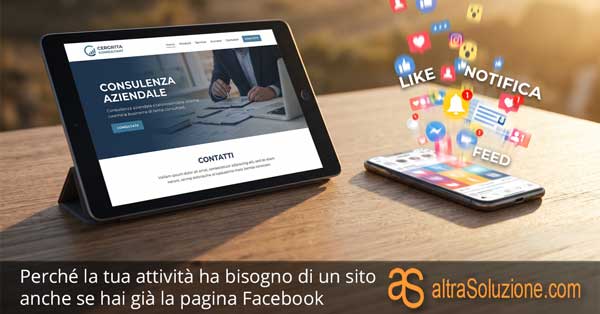 Confronto realistico tra un sito web stabile su un tablet e un feed social caotico ed effimero su uno smartphone