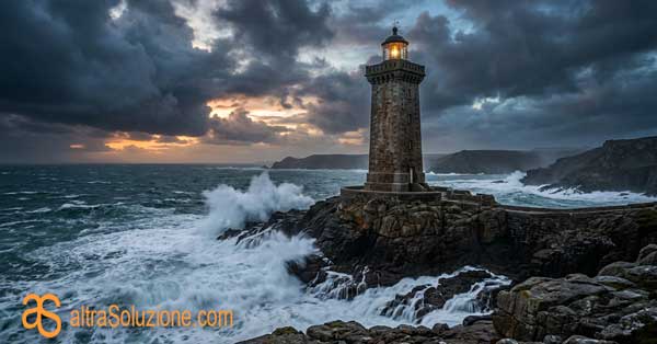 Faro in pietra solido che resiste alle onde del mare