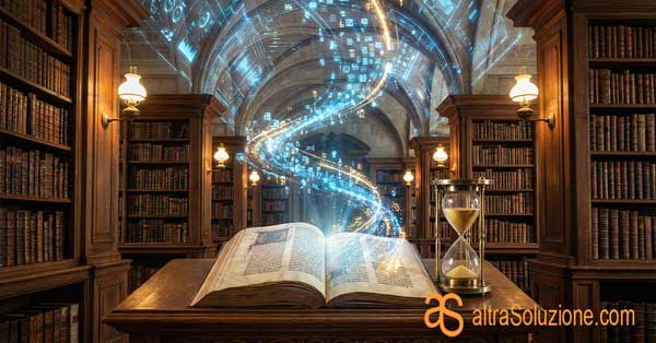 Libro antico che emette dati digitali, simboleggiando la longevità dei contenuti web ottimizzati.