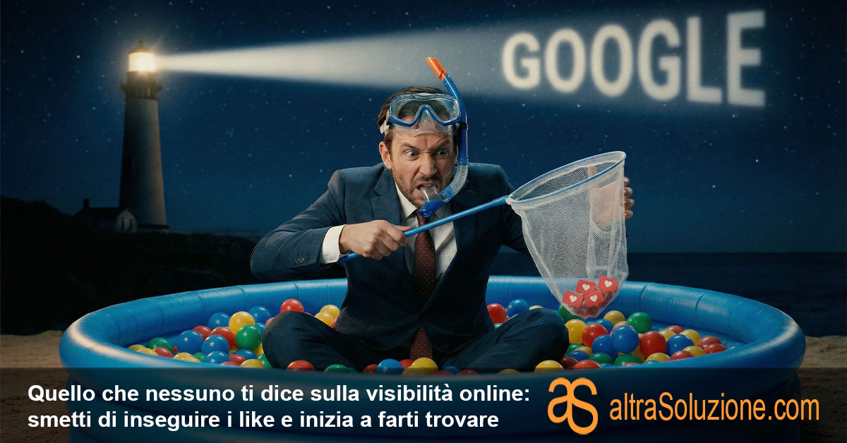 Metafora ironica di un professionista che insegue i like invece di farsi trovare su Google.