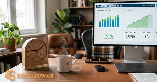 Orologio e caffè su scrivania che simboleggiano il tempo e i feedback